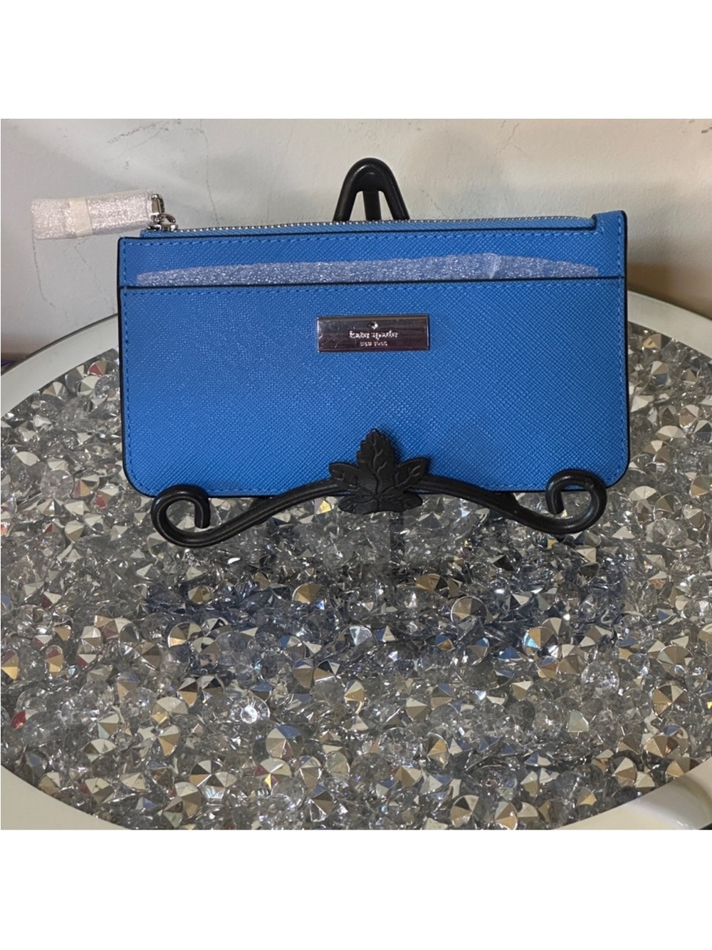 NWT Kate Spade blue wallet/card holder w/zipper top silver tone hardware